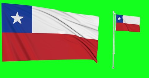 Chile flags waving in the wind.National symbol of chilean country. Includes Steel flagpole 
 and smaller version.This is a 4k animation and Green screen or chroma key background.