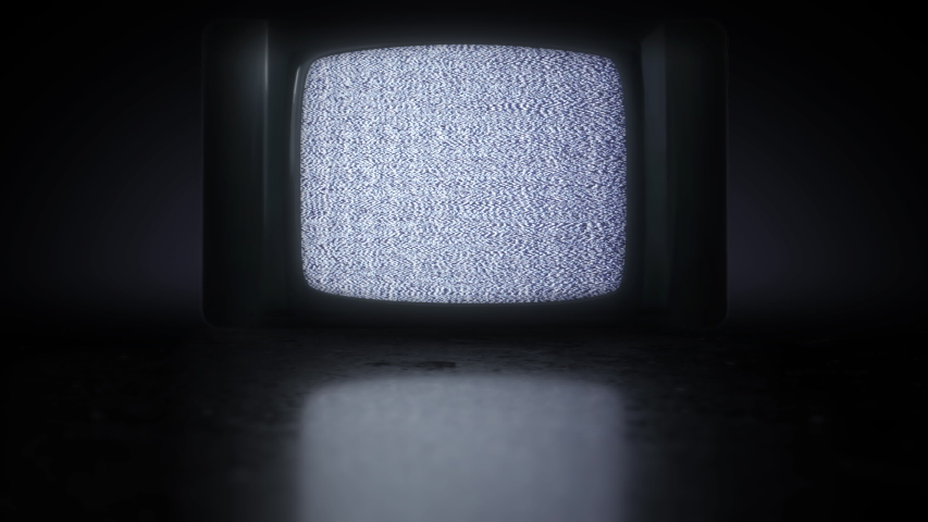 Vintage Retro TV Set Dark Background with static noise. 70s, 80s style television. Bad TV signal transmission, white noise with vertical flickering stripes. Television Set on black reflective surface. | Shutterstock HD Video #1057928257