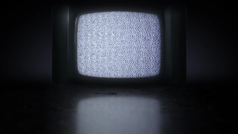 Vintage Retro TV Set Dark Background with static noise. 70s, 80s style television. Bad TV signal transmission, white noise with vertical flickering stripes. Television Set on black reflective surface.