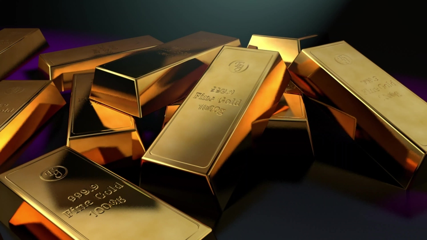 Gold bars in a pile - A stack of shiny fine gold ingots with reflection and and beautiful light on dark background. Getting rich and financial success concept. 3d render animation in 4k. | Shutterstock HD Video #1057929988