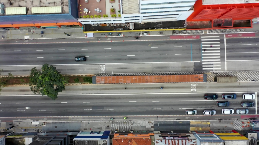Aerial Landscape of Famous Avenue in Sao Paulo, Brazil. Consolacao Avenue, Sao Paulo, Brazil. Transportation Avenue Scene. Aerial View of Traffic in the Avenue. Top Down View of Sao Paulo, Brazil