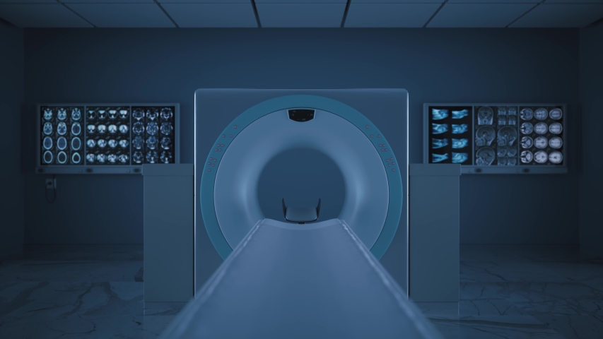 MRI scanner room. Magnetic Resonance Imaging machine. Hospital room with tomograph. The light turning on in medical ward Royalty-Free Stock Footage #1057946872