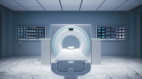 MRI scanner room. Magnetic Resonance Imaging machine. Hospital room with tomograph. The light turning on in medical ward