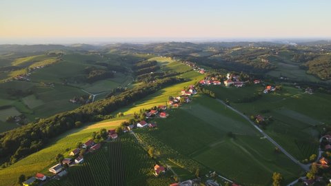 Aerial drone view of vineyard at sunset, northeastern Slovenia
Kog aerial view - village in the hills northeast of Ormož in northeastern Slovenia