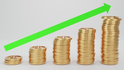 Raising of Golden Coins Stack  & Growth Coins Chart Infographics Profit Are Continuing To Rise Steadily. Animation with Green Arrow on White Background. Money Saving and Economy Concept. 3D animation.