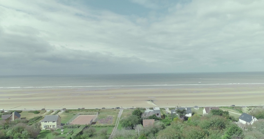 Drone shot. Omaha beach, symbol of the Normandy landing operation of allied armies in June 1944.