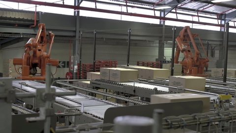 Automated robotic palletizing arms in warehouse stack boxes.