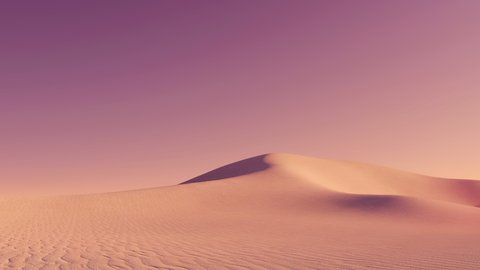 Fantastic desert landscape with massive sand dunes covered by dust clouds under empty clear purple sky at dusk. With no people minimalist concept 3D animation rendered in 4K