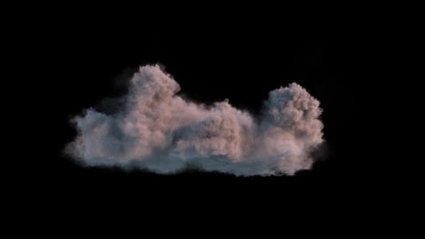 4k cloud loop. beautiful fast billowing cloud isolated on black background with alpha Matte, in pink sunset light, popular compositing element