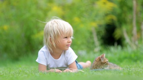 Cute blond toddler child. the sweet boy playing in the garden with little kitten and reading book.