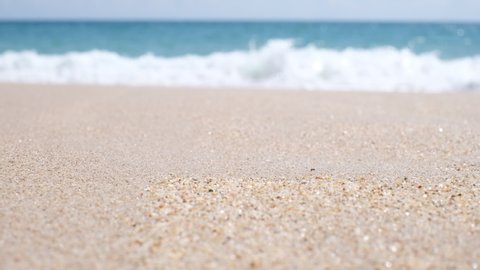 Sea. Beach. Sand. Sky. sound of wave at the beach. The beach with close up the sand. Blur high wave. Travel summer concept. Holiday at the beach. Landscape view of beaches sea in summer day. Wave. 