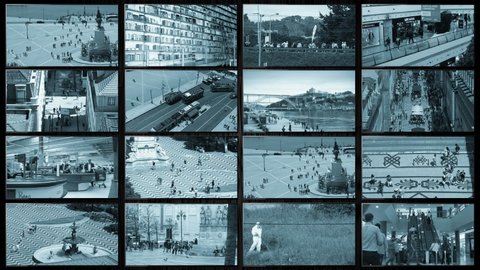 CCTV Split Screen Multicam Wall Surveillance Monitors. LISBON, PORTUGAL - 26 SEPTEMBER 2019; Multiple monitors in a video wall showing different images. Surveillance camera system.