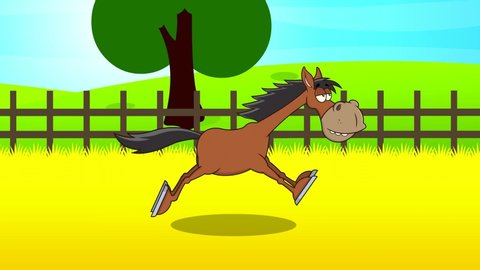Horse Cartoon Character Running In Farm. 4K Animation Video Motion Graphics With Background