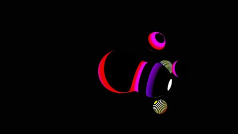 3d render with abstract art surreal alien substance based on deformed balls or spheres with parallel black lines pattern with purple yellow and green gradient neon light parts on black background