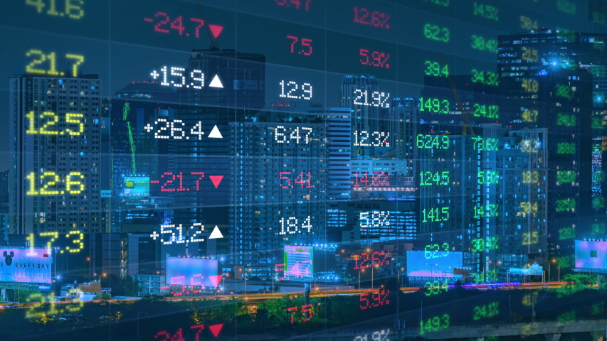 Stock exchange market and investment, finance stock price list with business district city building background | Shutterstock HD Video #1057977271