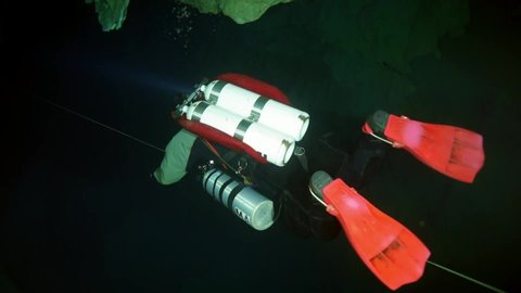 Budapest - 17 August 2017: Technical diver in red flippers in the underwater cave of Budapest