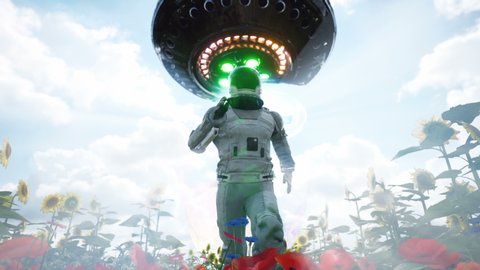 An alien flying saucer chases an astronaut running through a flower field. The concept of a UFO or alien spacecraft. Looping animation for science fiction, fantasy, or space backgrounds.