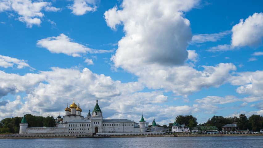 Scenic view of the famous male Ipatievsky (Hypatian) monastery in the tourist city, Kostroma, Russia. Timelapse of beautiful cloudy sky. 4K. Loop