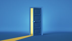3d render, blue room, yellow bright light behind the opening door. Modern minimal concept. Opportunity metaphor. - Powered by Shutterstock - Get 15% off with code: PIKWIZARD15