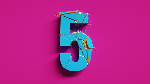 top five countdown, 3d colorful numbers from 5 to 1 fall down and brake
