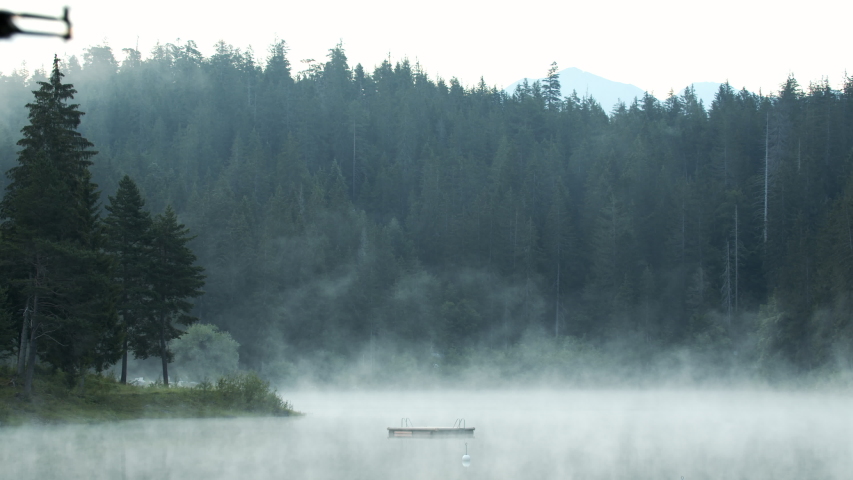 Heavy Fog In Lake Rising Like Steam At The Edge Of The Forest - wide shot