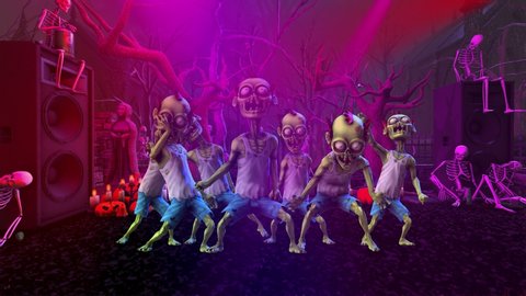 Seamless animation of a zombie thriller dancing in a party at a graveyard with skeletons and pumpkins. Funny cartoon character for Halloween background.