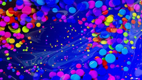 abstract looped background of shiny glossy surface like wavy blue liquid with rainbow color circles float like drops of paint in oil. Beautiful creative background with color gradient in 4k. 3d