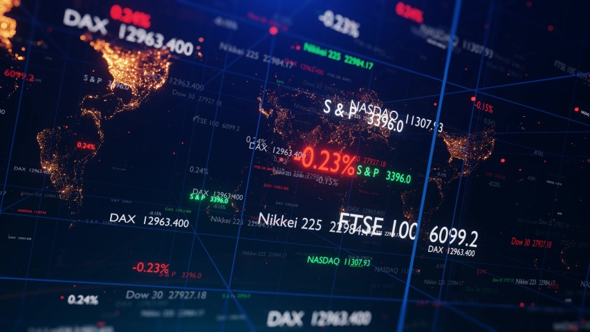 Camera movement through 3D space with a world map and stock indexes. Digital animation of stock market price changes. Animation loop 4k. See my portfolio for new versions