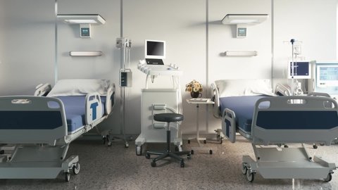 Two empty bed in a hospital room with medical equipment