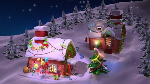 Beautiful country house and Christmas tree decorated for Christmas on a snowy night. 3D animated rendering of aerial photography for the Christmas holiday with space for your title and text.