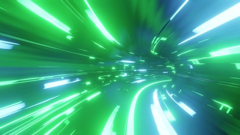 4k looped abstract high-tech tunnel with neon lights, camera flies through tunnel, blue green neon lights flicker. Sci-fi background in the style of cyberpunk or high-tech future. Background 3