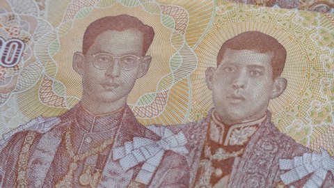 Rama IX and Rama X on Thailand THB baht banknote. Ninth and tenth monarch of Thailand from Chakri dynasty