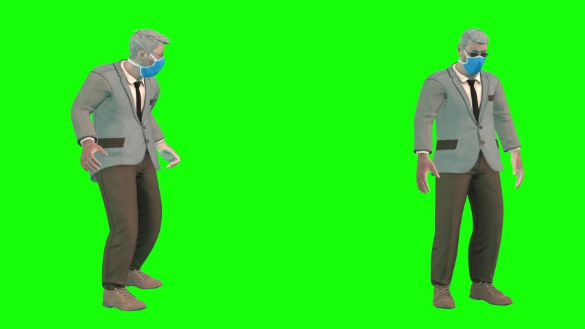 4k 3d animation showing a old avatar male wearing a face mask, standing in two poses, the first he is looking around nervously checking his surrounding and then standing looking at ground.