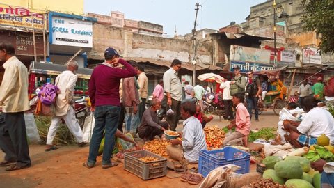 Varanasi, India - Circa October 2019. Vegetable market in Varanasi.