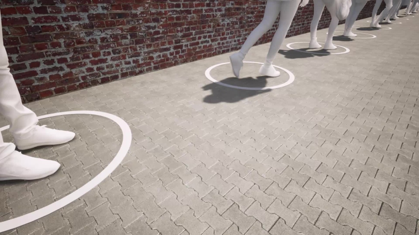 Concept or conceptual 3d render of people standing in line, social distancing as means of prevention or protection against coronavirus contamination. A change in lifestyle metaphor on lockdown