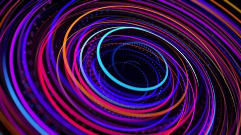 Light flow form ring structure. Light effect as abstract looped background with light trails, stream of multicolor neon lines in space form rings. Modern trendy motion design background.