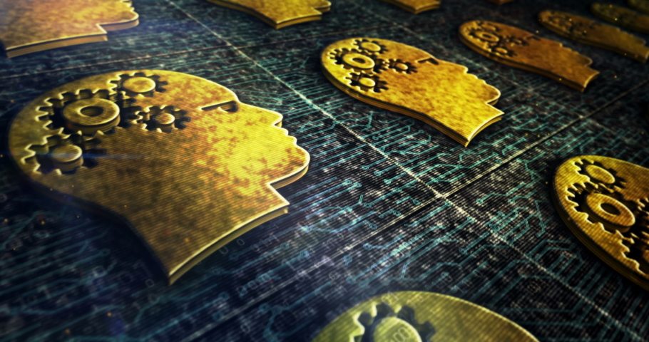 Artificial intelligence, machine learning, cyber brain, digital technology with head metal symbols. Loopable seamless abstract concept 3d rendering animation. Flying over icons on electronic circuit.