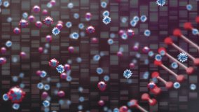 Animation of 3d DNA strand spinning with Covid 19 coronavirus cells floating on red background. Covid 19 pandemic health care science concept digitally generated image. - Powered by Shutterstock - Get 15% off with code: PIKWIZARD15