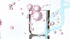 Animation of 3d DNA strand spinning with Covid 19 coronavirus cells floating on a a measuring cylinder on white background. Covid 19 pandemic health care science concept digitally generated image. - Powered by Shutterstock - Get 15% off with code: PIKWIZARD15