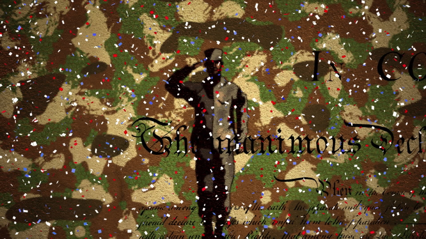 Animation of confetti falling, Constitution text on soldier saluting on camouflage background. American flag patriotism independence concept digitally generated image.