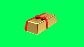 3D animation. Seamless loop gold gift bar with red bow rotate isolated on green screen. 4K video.