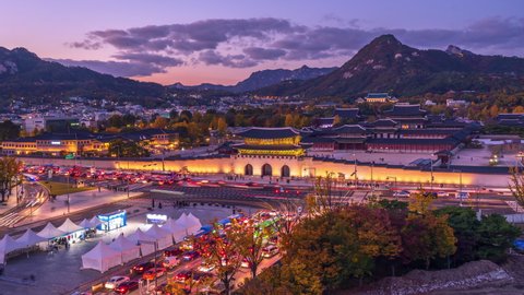Time lapse 4k Sunset of Gyeongbukgung palace at night in seoul city south,korea
