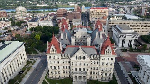 Albany, New York / United States - Aug 06 2020: An aerial view of downtown Albany skyline, revealing the capitol, state office buildings, the egg, and the corning tower.