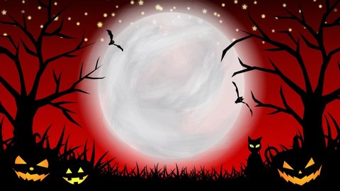 Halloween background animation with the concept of red sky, moon, shining stars, animated trees and grasses, flying bats and ghosts, blinked cat, scary pumpkins. Scary night of halloween animation