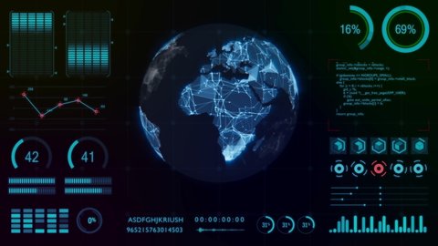 Motion graphic of Dashboard data report with blue polygon on earth rotation and HUD graph report percentage, Futuristic concept
