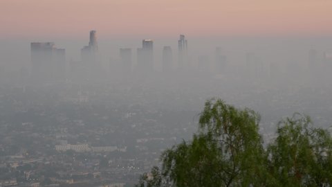 Highrise skyscrapers of metropolis in smog, Los Angeles, California USA. Air toxic pollution and misty urban downtown skyline. Cityscape in dirty fog. Low visibility in city with ecology problems.