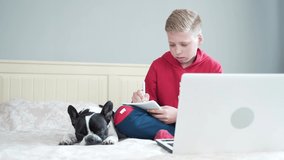 cute handsome teenage boy sitting on the bed in the room. learning lessons with pet french bulldog. writing a notebook. Distance Learning. Young schoolboy with a dog looking laptop. School education
