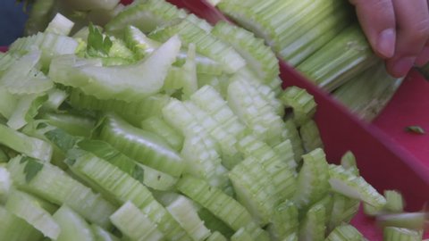 Close up of red knife cutting celery