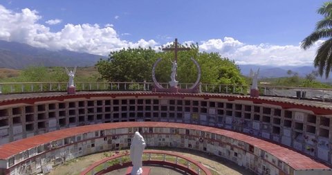 Santa Fe, Antioquia / Colombia - January 25 2020: Cemetery with Full and Empty Graves, a Chapel and Many Monuments of Religious Angels