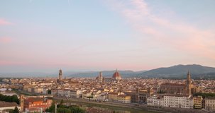 Timelapse video with beautiful cityscape of Florence with the Cathedral Santa Maria del Fiore, Florence, Tuscany, Italy. Zooming in camera motion.
